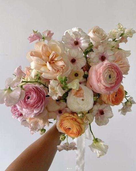 Flower Bouquet Ranunculus, Light Color Bouquet, Spring Bridal Bouquet Pink, Spring Peony Bouquet, Wildflower Flower Bouquet, Florals For Wedding Arch, Light Pink And Orange Bouquet, Peony Rose Wedding Bouquet, Sage Wildflower Wedding