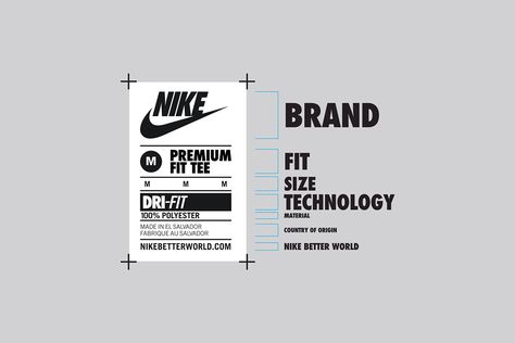 Global communication and neck label system for Nike apparel. The hierarchy of information was designed to be consistent across the brand, incorporate and unify all variations of size, fabric, technology and sub categories. Label Produk, Design Sites, T Shirt Label, Clothing Labels Design, Schrift Design, Shirt Label, 카드 디자인, Shirt Design Inspiration, Clothing Tags