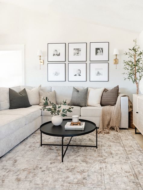 Sectional With Circle Coffee Table, Gray Brown Couch Living Room, Scandinavian Transitional Living Room, Living Room Couch Against Wall, Small Loft Living Room Ideas, Modern Organic Apartment, Scandinavian Family Room, Living Room With Grey Couch, Living Room Decor White