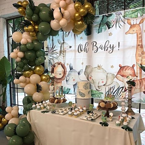 Safari Themed Table Decorations, Gender Reveal Jungle Theme, A Wild One Baby Shower Theme, Jungle Baby Shower Table Decor, Neutral Safari Baby Shower Ideas, Safari Jungle Baby Shower Ideas, Boho Jungle Baby Shower Ideas, Zoo Baby Shower Ideas, Rainforest Baby Shower Theme