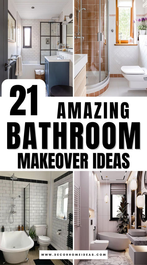 Transform your bathroom with these 21 amazing makeover ideas that offer instant style and functionality. From bold decor choices to clever storage solutions, these fresh updates will give your space a whole new look. Discover easy ways to refresh your bathroom and make it feel brand new! Small Bathroom Decor Ideas Elegant, Diy Old Bathroom Makeover, Re-bath Remodels, Bathroom Ideas Before And After, Bathroom Reno Ideas Modern, Easy Diy Bathroom Makeover, Bathroom Makeover Ideas, Bathroom Makeovers, Remodel Bathroom Ideas