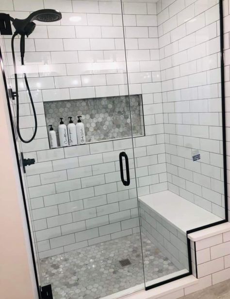 Large Master Shower With Bench, Shower Remodel Ideas With Bench, Pepples Stones Bathroom, Walk In Shower Shelf Ideas, Stand Up Shower Bathroom Ideas, Walk In Shower Farmhouse, Simple Shower Tile Ideas, Shower Tile Ideas White, White Tile Shower Ideas Walk In