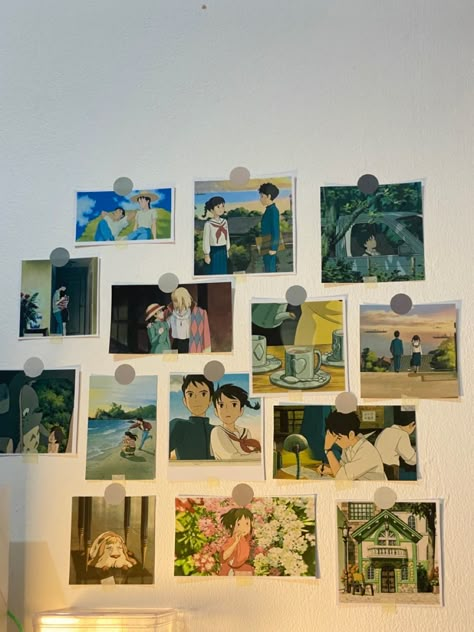 Studio Ghibli Wall Decor Aesthetic, Ghibli Inspired Room Aesthetic, Ghibli Dorm Room, Studio Ghibli Inspired Room Aesthetic, Ghibli Aesthetic Decor, Ghibli Aesthetic Room Decor, Studio Ghibli Wall Collage, Ghibli Room Decor Aesthetic, Ghibli Wall Art