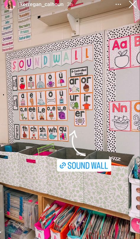 Classroom Wall Shelves, Gallery Wall In Classroom, Classroom Station Ideas, First Grade White Board Set Up, Classroom Small Group Table, Early Elementary Classroom, 1st Grade Classroom Posters, Peg Board Ideas Classroom, Classroom Library Set Up Elementary