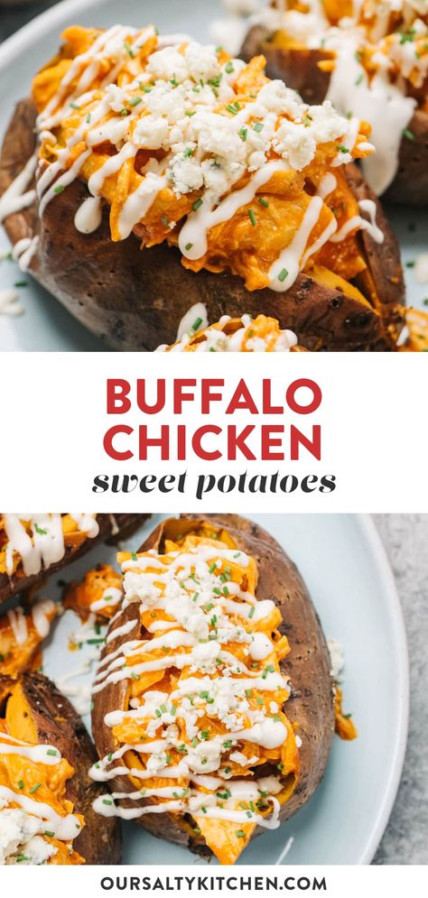 Buffalo Chicken Sweet Potato, Buffalo Chicken Stuffed Sweet Potatoes, Chicken Potato Bake, Wing Sauce Recipes, Baked Buffalo Chicken, Stuffed Sweet Potatoes, Loaded Sweet Potato, Shredded Chicken Recipes, Healthy Buffalo Chicken