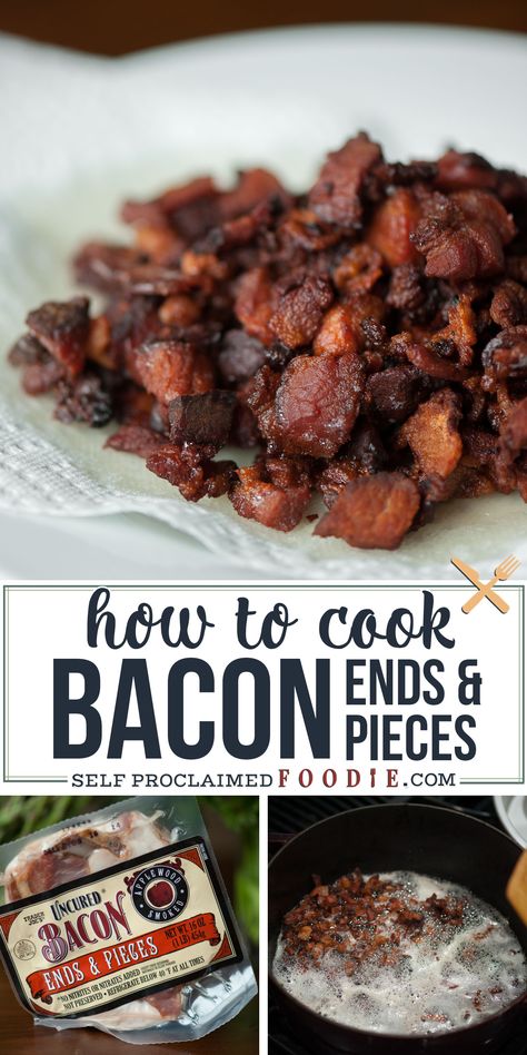 This wonderfully delicious package of apple wood smoked bacon ends and pieces is exactly the same product as sliced bacon, but it is much cheaper and can be used in a wide variety of recipes. #bacon #ends #pieces #howtocook Unique Bacon Recipes, Bacon Ends, Recipes Using Bacon, Peameal Bacon, Cook Meat, Uncured Bacon, Cut Recipe, Bacon Fries, Bacon In The Oven