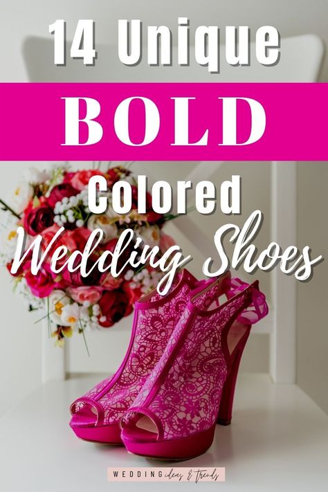 Colored bridal shoes are all about expressing your true character. Bold color wedding shoes are will attract everyone’s attention and their combination with a white wedding dress adding a playful twist to your unique bridal style or as a beautiful addition to a bridesmaid dress. Check out these 14 unique bold colored wedding shoes. Stunning inspirations in a variety of styles and bold color palette. Form red, hot pink, rainbow, emerald green, floral, teal, orange, purple, yellow, and navy blue. Wedding Shoes Bride Pink, Colored Bridal Shoes, Wedding Dress With Colored Shoes, Colorful Bridal Shoes, Bold Color Wedding, Colored Wedding Shoes, Teal Wedding Dress, Color Wedding Shoes, Orange Wedding Shoes