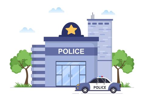 Police Station Department Building Vector Illustration with Policeman and Car on Flat Cartoon Style Background Photo Editing Apps Iphone, Peraturan Kelas, Building Vector, Community Places, Fish Gallery, English Learning Books, Preschool Activities Toddler, Building Illustration, Flashcards For Kids