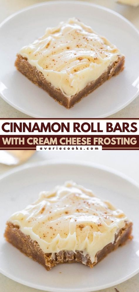 Cinnamon Roll Bars with Cream Cheese Frosting, fall baking, desserts, sweet treats Cinnamon Roll Bars, Newest Recipes, Yummy Bars, Bars With Cream Cheese Frosting, Bars With Cream Cheese, Averie Cooks, Cinnamon Flavor, With Cream Cheese Frosting, Cookie Exchange