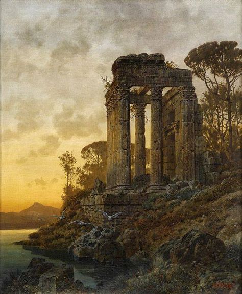 Lake landscape with the ruins of a Roman temple in 1891 by Ferdinand Knab (June 12, 1834 † November 3, 1902) Roman Temple, Evening Landscape, Temple Ruins, Ancient Temple, Architecture Painting, Lake Landscape, Ancient Temples, A4 Poster, Art Antique