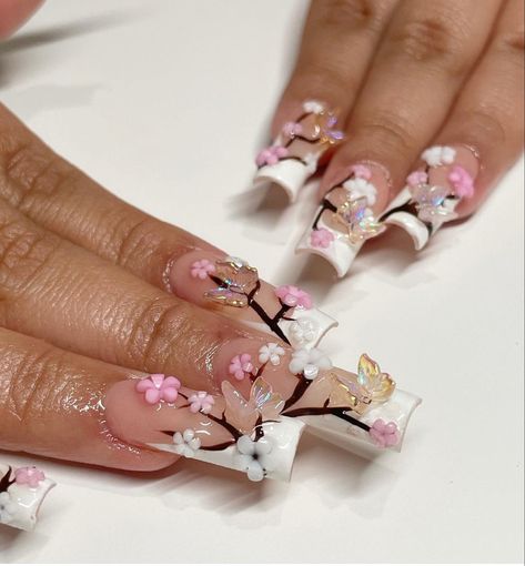 Blossom Tree Nails, Cherry Blossom Nails Short, Japanese Blossom Nails, Cherry Blossom Nails Design, Nails White French Tip, Nails White French, Blossom Nails, Cute Easy Nail Designs, Color Trends 2024