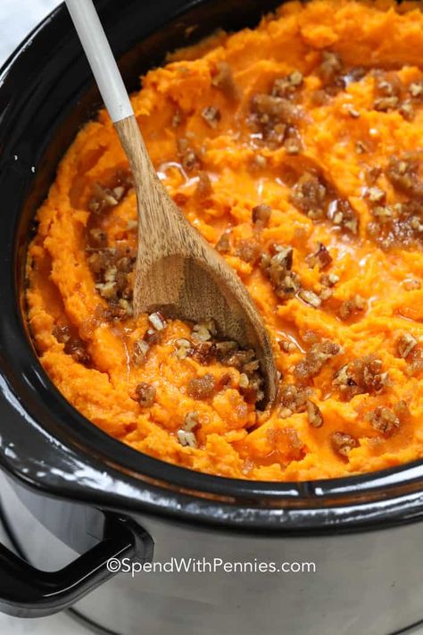 Serve this crockpot sweet potato casserole at your next dinner! It's a classic side at Thanksgiving or perfect for any occasion. Just cook and mash the sweet potatoes and top with a pecan brown sugar topping. #spendwithpennies #sweetpotatocasserole #crockpot #slowcooker #sweetpotatorecipe #sidedish Sweetpotatocasserole Crockpot, Crockpot Sweet Potato Casserole, Sweet Potato Casserole Crock Pot, Dinner Feast, Crockpot Potato, Sweet Potato Dishes, Thanksgiving Foods, Crock Pot Potatoes, Perfect Roast