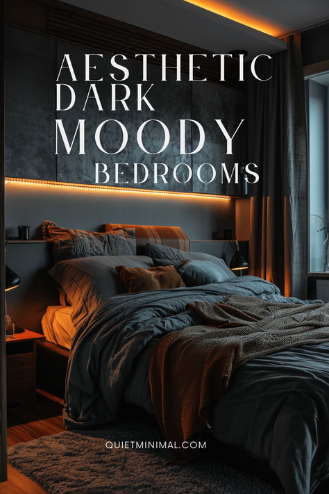 Immerse yourself in the mesmerizing world of aesthetic dark moody bedroom designs, where elegance and intrigue intertwine in every corner. #DarkMoodyBedrooms #AestheticDesign #CaptivatingIntrigue #BedroomInspiration #SophisticatedSpaces Moody Bed Styling, Mid Century Modern Dark Bedroom, Simple Moody Bedroom, Color Drenching Bedroom Moody, Dark Room Asthetics Bedrooms, Moody Navy Bedroom, Dark Jewel Tone Bedroom, Moody Bedroom Accent Wall, Dark Cosy Bedroom