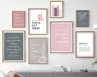 Office Set of 14 Prints, Office Wall Decor, Home Office Decor, Work From Home Art Prints, Office Wall Art, Green Office Wall Art - Etsy Girly Office Ideas, Content Room, Work Cubicle Decor, Living Room Office Combo, Office Decor Work, Pink Office Decor, Trendy Wall Art Prints, Inspirational Quote Prints, Wfh Office