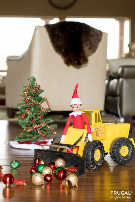 Elf Bulldozing Ornaments | Easy Elf on the Shelf Ideas | Construction Elf #FrugalCouponLiving #ElfontheShelf #ElfontheShelfIdeas #ElfIdeas #funnyelfideas #funnyelfontheshelf #elfprintables #freeelfprintables #printables #freeprintables #construction #bulldozer Elf On The Shelf Construction Ideas, Free Elf Printables, Elf Printables, Easy Elf On The Shelf, Easy Elf, Awesome Elf On The Shelf Ideas, Elf Magic, Elf Activities, Christmas Props