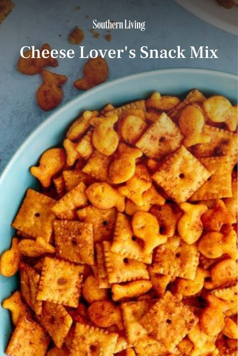 Our Cheese Lover’s Snack Mix recipe is a great road trip snack. #recipeideas #snacks #snackmix #partyrecipes #recipes #southernliving Cheese Snack Mix Recipes, Cheesy Snack Mix Recipes, Cheese It Snack Mix Recipe, Cheesy Snack Mix, Southern Party, Party Mix Snacks, Snack Mix Recipe, Club Crackers, Easy Apps