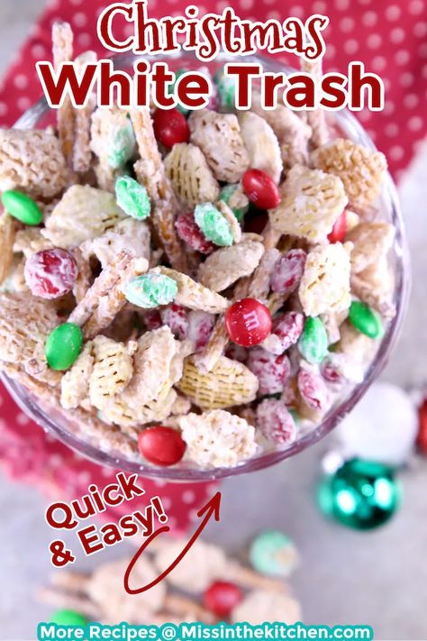 White Trash Snack, Christmas Trash Recipe, White Trash Snack Mix, White Chocolate Snack Mix, Trash Recipe, White Trash Recipe, Chocolate Snack Mix, Christmas Hosting, Recipes Deserts