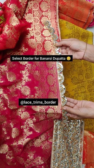 IndianZariHouse on Instagram: "1st mirror lace sold out How to select Border for Banarsi Dupatta? @lace_trims_border Selling roll only No cod/Return Available till stock only" Laces For Lehenga Border, Laces For Blouse Border, Laces For Sarees Border, Silk Saree With Lace Border, Lace For Dupatta, Banarsi Lehenga, Banarsi Dupatta, Neha Singh, Mirror Lace