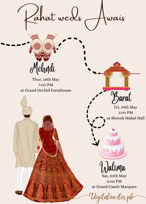 Complete Digital Wedding Invitation Illustrations Nikkah Wedding, Couple Illustration Wedding, Wedding Illustration Card, Wedding Couple Cartoon, Indian Invitation Cards, Wedding Illustrations, Shadi Card, Digital Wedding Invitations Templates, Wedding Card Design Indian