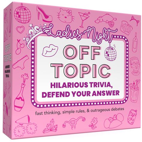 PRICES MAY VARY. This One's for the Girls: Off Topic is a fun adult board game that gets the brain juices flowin’ and stirs up some hilarious conversations during girls night. All topics were written by women, for women! Super Simple Rules: Draw a card to set the topics, and roll the die to set the letter that your responses must begin with. Flip the sand timer and you're off! Race against time to write down answers for each topic that begin with the letter rolled. Defend Your Answers: Coming up Sleepover Games For Adults, Activities For Girls Night, Girls Game Night Ideas, For The Girls Game, Girls Night Games Ideas, Adult Girls Night, Ladies Game Night, Girls Night In Ideas, Ladies Night Ideas