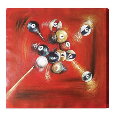 Billiards themed oil painting featuring balls in motion with cue on canvas that will undoubtedly add charisma to your recreational space. Each of these beautiful pieces boast hand painted details. | Ebern Designs Wrapped Canvas Painting Canvas in Black / Brown / Red | 24 H x 24 W x 2 D in | Wayfair | Home Decor Medallion Wall Decor, Tree Wall Decor, Metal Tree, Geometric Wall, Paint Party, Room Wall Art, Billiards, Indoor Decor, Oil Painting On Canvas