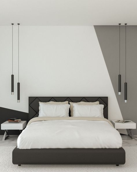 Bed Wall Painting Ideas, Bedroom Wall Pattern, Geometric Wall Paint Black And White, Boy Room Colors Paint, Bedroom Wall Designs Paint Ideas Creative, Bedroom Painting Ideas Creative, Wall Painting Ideas Modern, Geometric Wall Bedroom, Bedroom Behind Bed Wall Decor