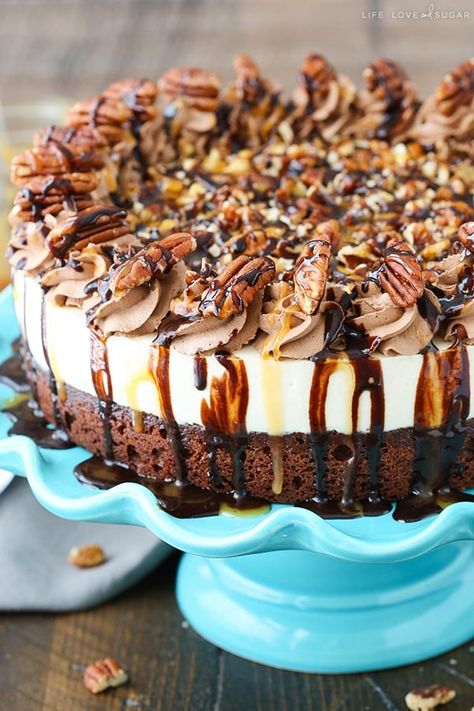 This Turtle Brownie Cheesecake has a brownie bottom, a caramel cheesecake middle and lots of pecans, caramel and chocolate sauce on top! It's a delicious combination of flavors and textures that's perfect for fall! #turtle #brownie #cheesecake #pecans #caramel #caramelcheesecake #browniecheesecake #chocolatecheesecake #pecancheesecake Turtle Brownie Cheesecake, Pecan Caramel Cheesecake, Cheesecake Pecan, Turtle Brownie, Caramel Cheesecake Recipes, Dessert For Fall, Turtle Cheesecake Recipes, Cheesecake Caramel, Caramel Pecan Cheesecake