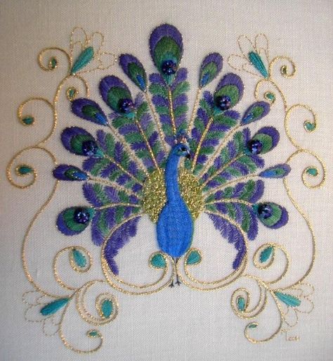 Maree Talbot - Embroidery Designers - Gumnut Yarns Embroidered Peacock, Peacock Embroidery Designs, Peacock Embroidery, Hmong Embroidery, Kutch Work, Hand Work Embroidery, Peacock Design, Crewel Embroidery, Gold Work