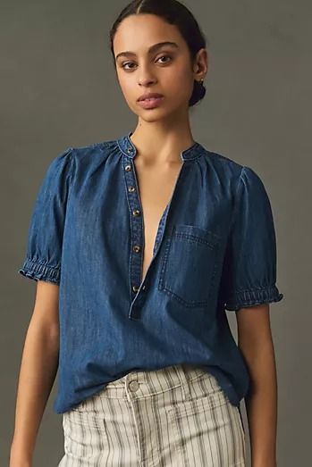 Back-In-Stock Clothing | Anthropologie Womens Work Blouses, Joanna Gaines Fashion Style, Blouse 2024 Trend, Sezane Aesthetic, Denim Blouse Outfit, Denim Blouse Outfits, Western Summer, Mexico Fashion, Feminine Blouses