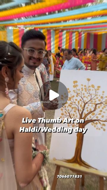 Nilesh Marathe ✏️ on Instagram: "Live Thumb art - at Haldi /wedding function   #art #function #thumbart #wedding #haldi" Wedding Finger Print Tree, Fingerprint Art Wedding, Finger Print Tree Wedding, Thumb Print Painting, Haldi Function Ideas, Thumb Print Art, Thumb Print Tree, Finger Print Tree, Thumb Painting