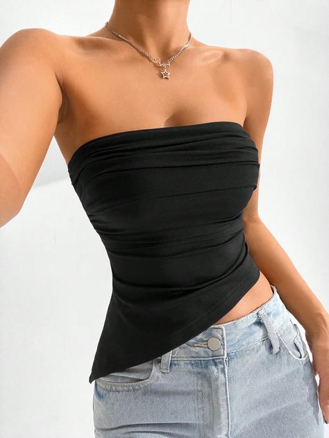 Women's Summer Solid Color Pleated Asymmetrical Hem Strapless Slim Fit Top Black Casual  Sleeveless Knitted Fabric Plain  High Stretch  Women Clothing, size features are:Bust: ,Length: ,Sleeve Length: Top Nero Outfit, Summer Tops Shein, Hailee Steinfeld Style, Tate Mcrae, Slim Fit Top, Strapless Tops, Christmas 2024, Kids Sleepwear, Black Casual