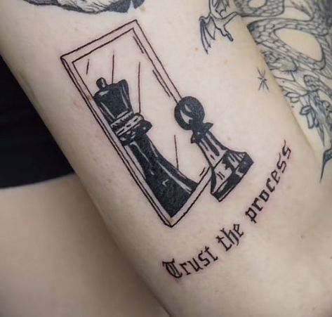 Trust the process chess tattoo |   couple tattoos vegas Man In Mirror Tattoo, Chess Pieces Tattoo Design, Trust The Process Tattoo Men, Chess Tattoo Ideas For Men, Process Tattoo Ideas, Trust The Process Tattoo Ideas, Chess Tattoo Ideas, Chess Tattoo Design, Shared Tattoos