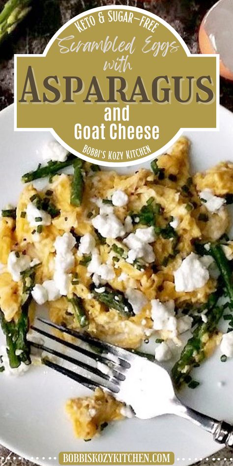 Image shows a white plate with perfect scrambled eggs with asparagus and goat cheese on it and a silver fork. Goat Cheese Breakfast, Asparagus And Goat Cheese, Asparagus Goat Cheese, Perfect Scrambled Eggs, Cheese Breakfast, Keto Diet Breakfast, Breakfast Routine, Diet Breakfast, Fresh Asparagus