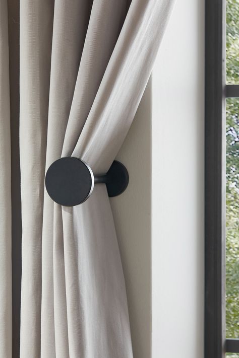 Minimal and stylish. Black. Set of 2. Stud design. Living Room Short Curtains, Classy Curtains Bedroom, Black Curtain Tie Backs, Black Curtain Rail, Black Living Room Curtains, Curtain Inspiration Living Room, Back Door Curtains, Tie Backs For Curtains Ideas, Curtain In Bedroom