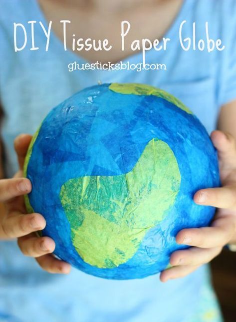 Tissue paper, a styrofoam ball, and a bit of glue is all you need to make a darling little globe craft. A fun craft for Earth Day or a solar system unit craft! Hang with a small hook and string from the ceiling for a fun way to display! Paper Mache Earth Preschool, Globe Preschool Activities, Earth Day Diy Crafts, Planet Earth Crafts Preschool, Earth Crafts Preschool, Globe Crafts For Kids, Paper Mache Earth, Globe Diy Projects, Earth Day Crafts For Kids