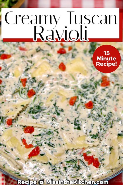 If you are looking for a quick and easy comfort food meal, this Creamy Tuscan Ravioli is just the ticket. Made with frozen cheese ravioli in a delicious garlic cream sauce with spinach. Creamy Tuscan Ravioli, Cream Sauce With Spinach, Tuscan Ravioli, Pasta With Clam Sauce, Quick And Easy Comfort Food, Spinach And Cheese Ravioli, Homemade Meat Sauce, Spinach Ravioli, Pasta With Meat Sauce