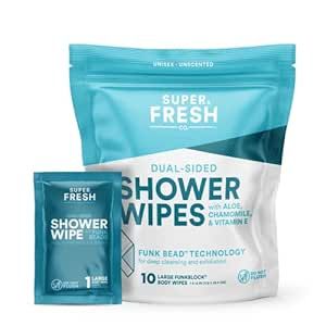 Amazon.com: Super Fresh FunkBlock Shower Wipes - Large Body Wipes for Hygiene, Camping Wipes, Gym & Travel. No Rinse Bathing Wipes with Aloe & Vitamin E. Unscented. Bag of (10) Individually Wrapped Wipes Body Wipes, Body Shower, Excessive Sweating, Large Shower, Stay Fresh, Deep Clean, Wet Wipe, Natural Deodorant, Deep Cleansing