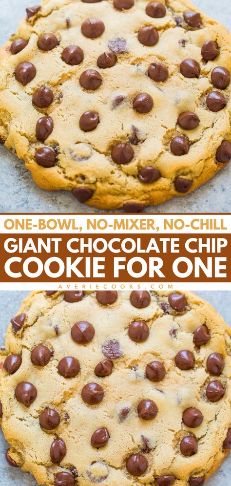 An extra large cookie for your next sweet food craving! In just minutes, you can have a giant chocolate chip cookie for one that's soft and chewy. Save this single serving chocolate chip cookie recipe for an easy dessert to make at home in one bowl with no mixer and no chilling! Deep Dish Cookie For One, Single Serving Cookie Dough Recipe, Easy Desserts Single Serve, Giant Cookie Recipe For One, Super Easy Chocolate Desserts, Single Cookie Recipe No Egg, Dessert Recipes With Stuff At Home, One Minute Chocolate Chip Cookie, One Person Chocolate Chip Cookie