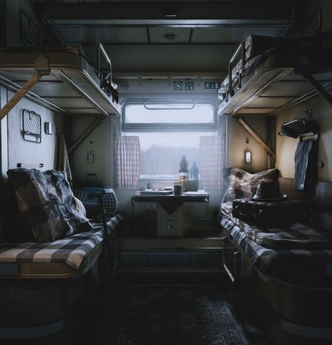 ArtStation - Endless journey, Egor Belyakov Monochromatic Interior Design, Train Room, Train Art, Old Train, Train Journey, Dark Places, Train Rides, How To Make Bed, Abandoned Places