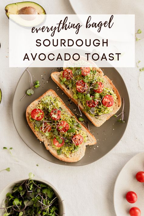 Easy and delicious everything bagel sourdough avocado toast starts with perfectly toasted slices of sourdough bread topped with smooth avocado, cherry tomatoes, microgreens, and everything bagel seasoning. This avocado toast is perfect for breakfast or brunch or even a midday snack! #breakfastrecipes #breakfasttoast #avocadotoast #brunchrecipes #savorybreakfast #savorybrunch #sourdoughbread Everything Bagel Sourdough, Everything Bagel Seasoning, Avocado Toast Recipe, Bagel Seasoning, Quick Breakfast Recipes, Perfect Brunch, Easy Summer Meals, Breakfast Toast, Easy Lunch Recipes