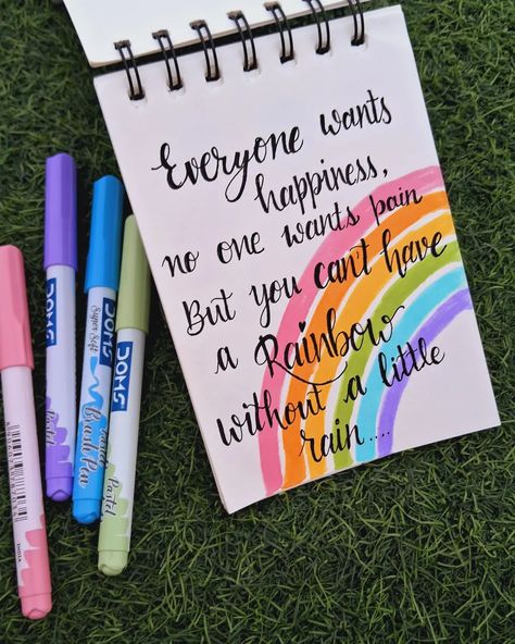 You can't have a rainbow without a little rain 🌈🌧 #calligraphy #motivationcalligraphy #motivation #calligraphyquotes #calligraphyartist Ideas To Do In Diary, Thoughts For Journaling, Calligraphy Ideas Easy, Creative Thought Design, My Diary Design, Things To Do In Your Diary, Aesthetic Lettering Ideas, Teacher Board Ideas, Easy Calligraphy Quotes