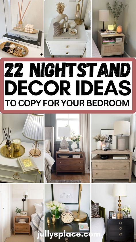 nightstand decor ideas, bedside table decor ideas, nightstand decorations, nightstand ideas, bedside ideas, bedroom ideas Bedroom With Dresser As Nightstand, What To Put In Bedside Table Drawers, Bed Sides Ideas, Mirror Over Bedside Table Night Stands, Guest Room Nightstand Ideas, Side Table Lamp Decor, Mens Bedside Table Styling, Feng Shui Nightstand, Styling A Bedside Table