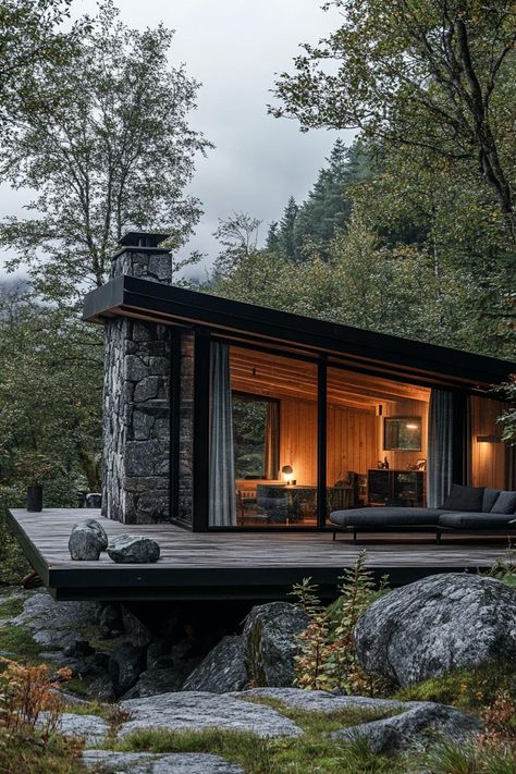 40 Mind-Blowing Mid Century Modern Cabins Mountain Cabins Modern, Modern Mountain Cabins, Midcentury Barndominium, Cabin Resort Ideas, Scandinavian Cabin Plans, Montana Homes Exterior, Mid Century Mountain Home, Mountain Home Landscaping Ideas, Stone Cabins And Cottages