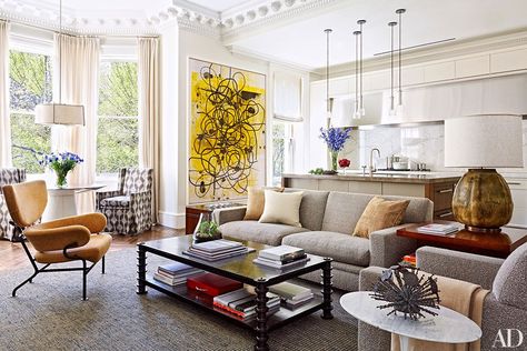 In a revamped Boston townhouse, a cozy seating area is adjacent to the airy kitchen Claremont Fabric, Boston Townhouse, Historic Boston, Townhouse Kitchen, Christopher Wool, Airy Kitchen, Wool Painting, Design Salon, Cozy Seating