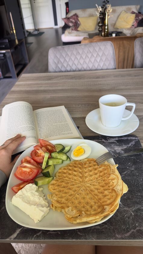 Eating a Norwegian waffle breakfast and reading a book Norwegian Breakfast, My Brilliant Friend, Food Reference, Breakfast Waffles, At Family, Europe Summer, Morning Breakfast, Scandinavia, Norway