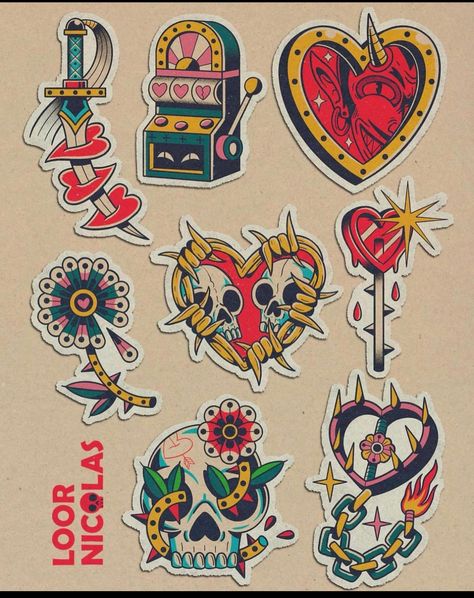 Patch Work Traditional Tattoo, Unique Old School Tattoo, Best American Traditional Tattoos, Classic American Traditional Tattoo, Traditional Tattoo Family, Colorful Traditional Tattoo, American Trad Flash, Color Flash Tattoo, Old School Color Tattoo