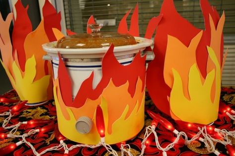 Chili Cook-Off Decorations Ideas | Chili Cook Off Flames, a great way to cover crock pots Chili Cookoff Booth Themes, Chili Cook Off Theme Ideas, Diy Trophies, Cookoff Ideas, Chilli Cookoff, Softball Dugout, Chili Fest, Chili Peppers Decor, Chili Contest