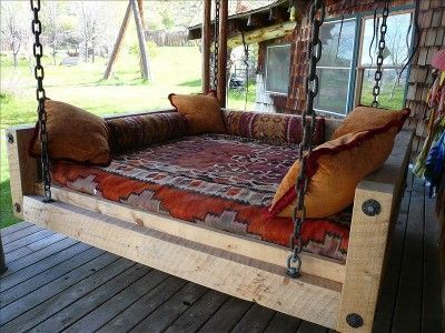 Outdoor Porch Bed, Outdoor Hanging Bed, Casa Fantasy, Porch Bed, Lake House Bedroom, Rustic Lake Houses, Daybed Cushion, Porch Swing Bed, Swing Bed