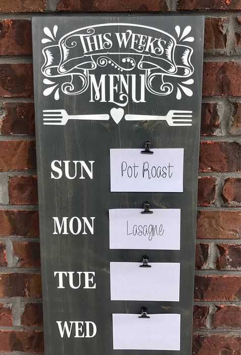 Rustic Home Decor Dining Room, Menu Board Ideas, Wooden Menu Board, Wooden Kitchen Signs, Home Decor Dining Room, Weekly Meal Planning, Fixer Upper Decor, Board And Brush, Menu Boards