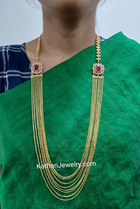 22kt Gold Long CZ Chandraharam Steps Golusu Gold, Gold Chandraharam Designs Latest, Chains Models Gold, Simple Long Chains Indian Gold, Chandrahaaram Designs, Swathi Haram Designs Gold, Chandraharam Designs Indian Jewelry, Steps Haram Designs Gold, Step Chains Designs